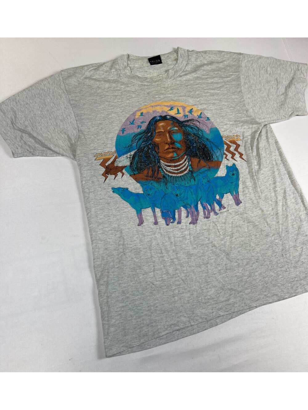 Vintage Screen Stars Best Men L Made In USA Native American Wolf T Shirt Gray - Picture 4 of 8